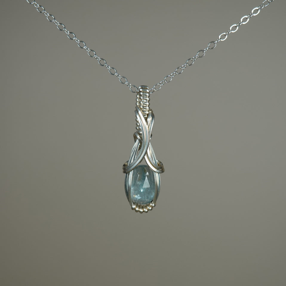 Teal Kyanite Pendant Wire-Wrapped in Sterling Silver