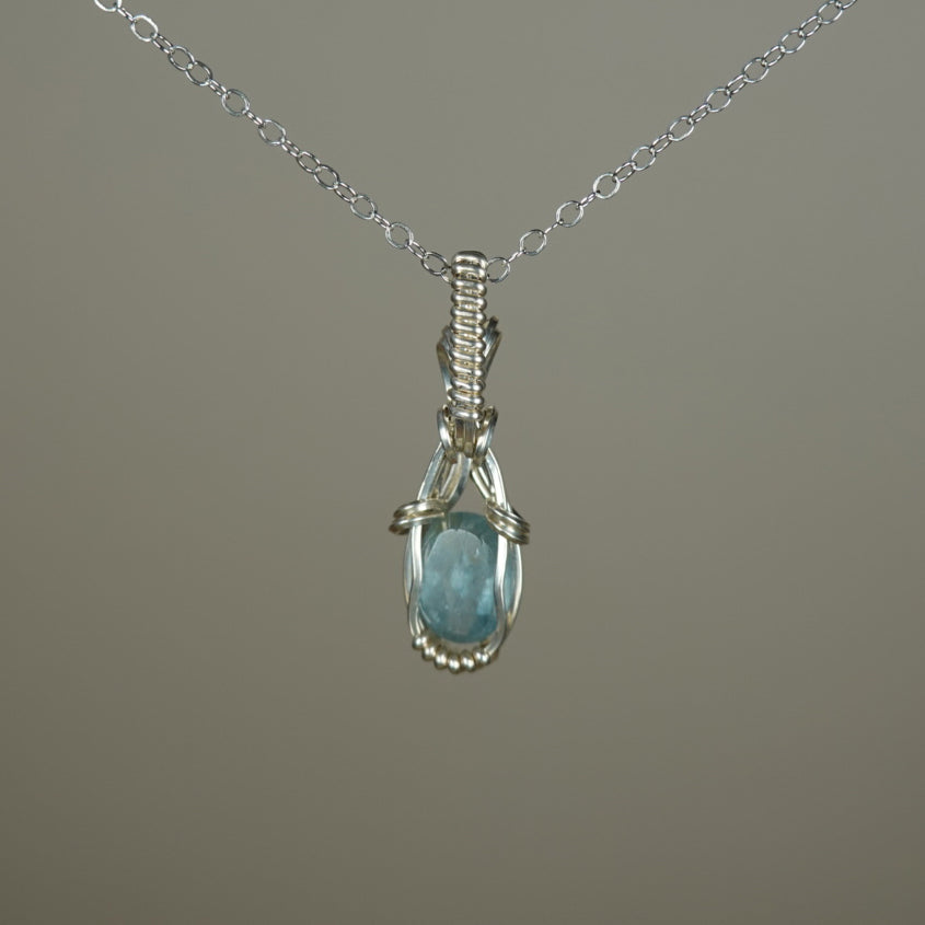 Teal Kyanite Pendant Wire-Wrapped in Sterling Silver