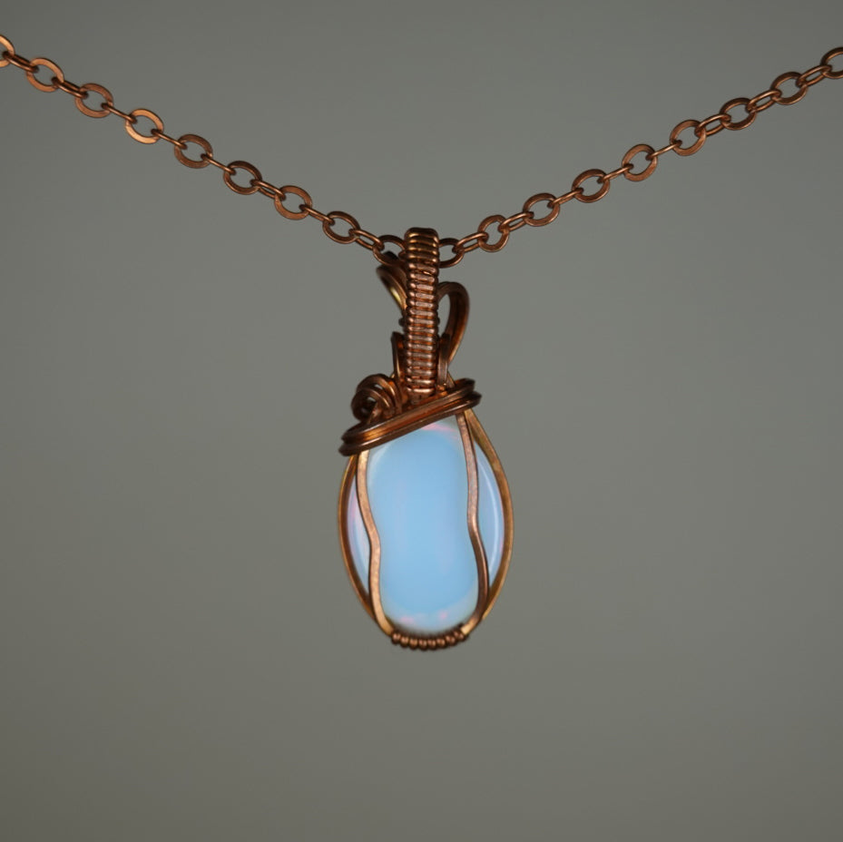 Opalite Glass Pendant Wire-Wrapped in Copper