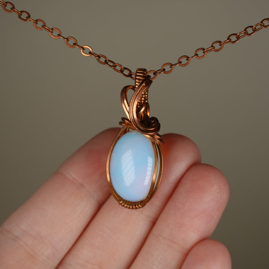 Opalite Glass Pendant Wire-Wrapped in Copper