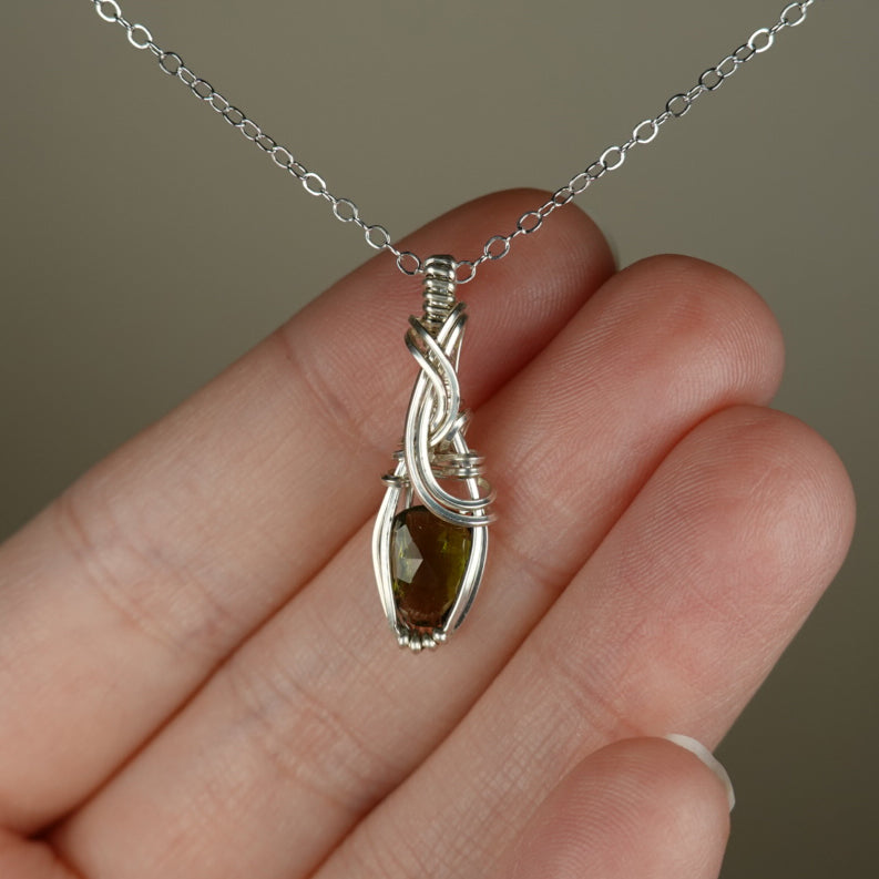 Green Tourmaline Pendant Wire-Wrapped in Sterling Silver