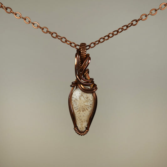 Fossilized Coral Pendant Wire-Wrapped in Copper