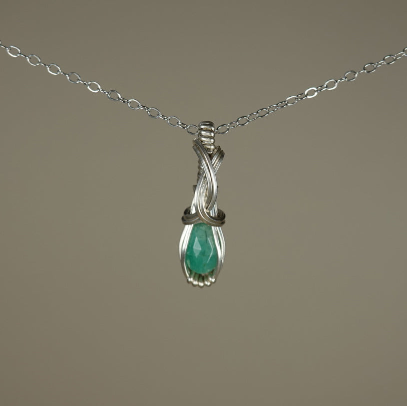 Natural Emerald Pendant Wire-Wrapped in Sterling Silver