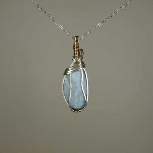 Chatoyant Gray Moonstone Pendant Wire-Wrapped in Sterling Silver and 14k Goldfilled Wire