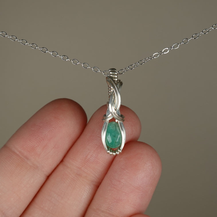 Natural Emerald Pendant Wire-Wrapped in Sterling Silver