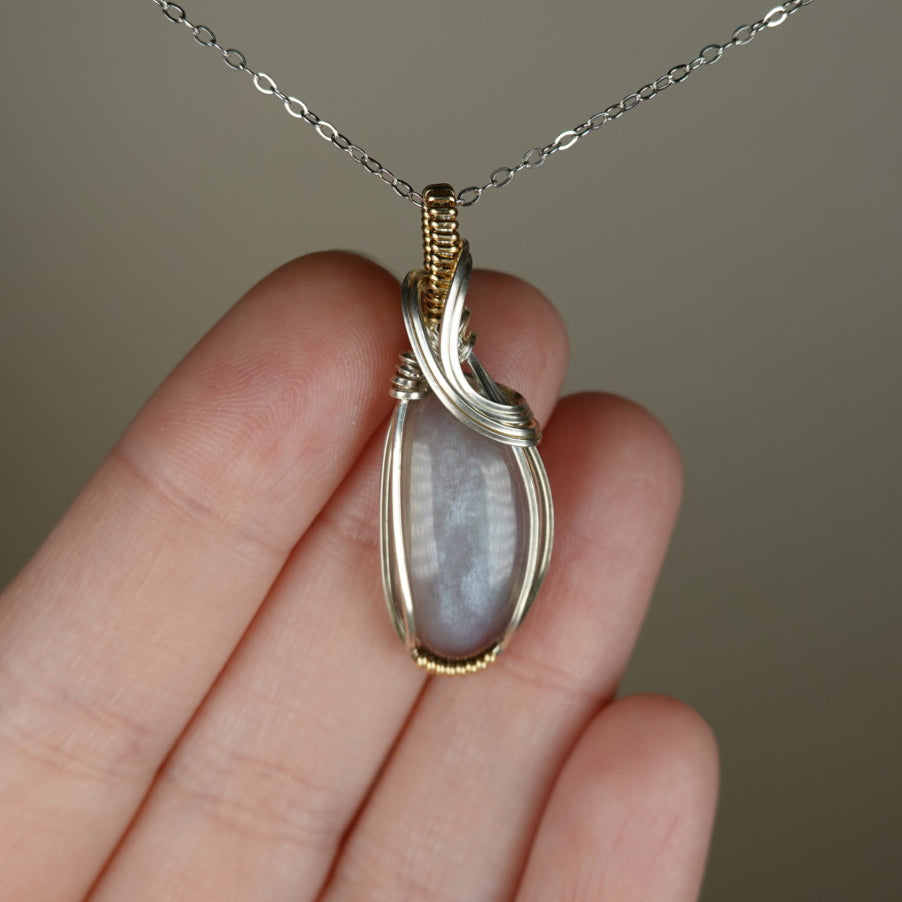 Chatoyant Gray Moonstone Pendant Wire-Wrapped in Sterling Silver and 14k Goldfilled Wire