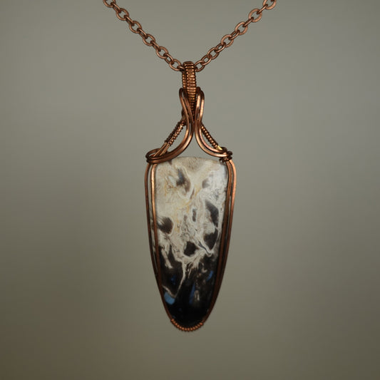 Wire-Wrapped Fossilized Palm Root Pendant in Copper