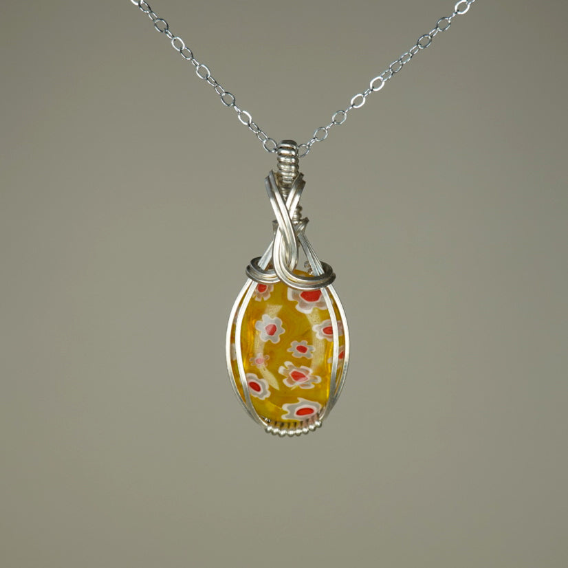 Vintage Yellow Murano Glass ("Millefiori") Pendant Wire-Wrapped in Sterling Silver