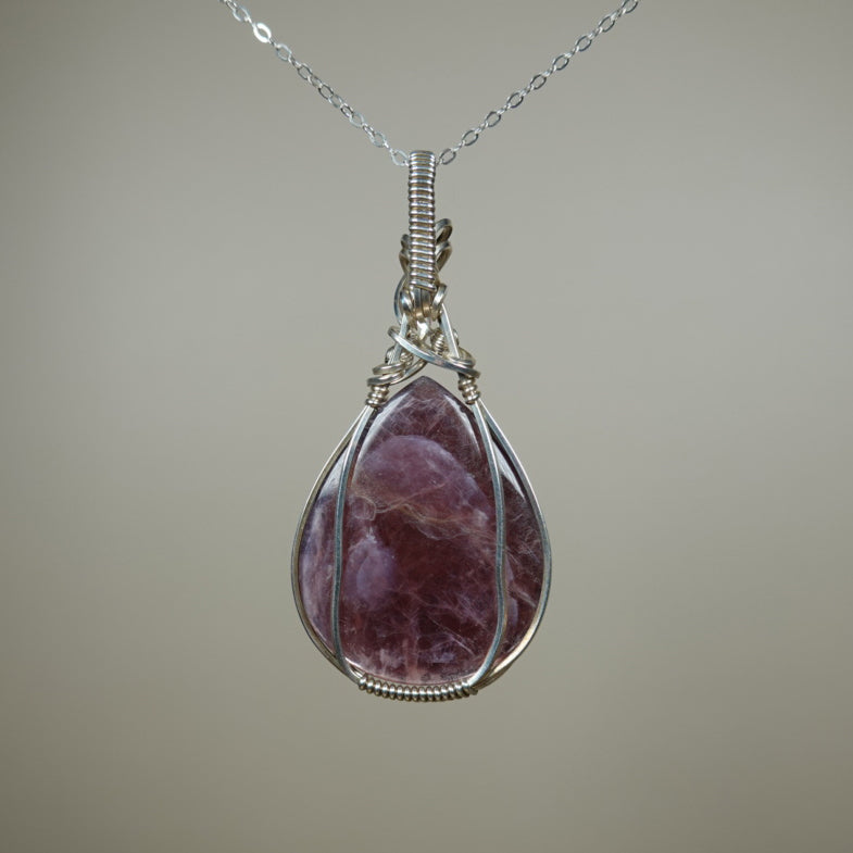 Gem Lepidolite Pendant Wire-Wrapped in Sterling Silver