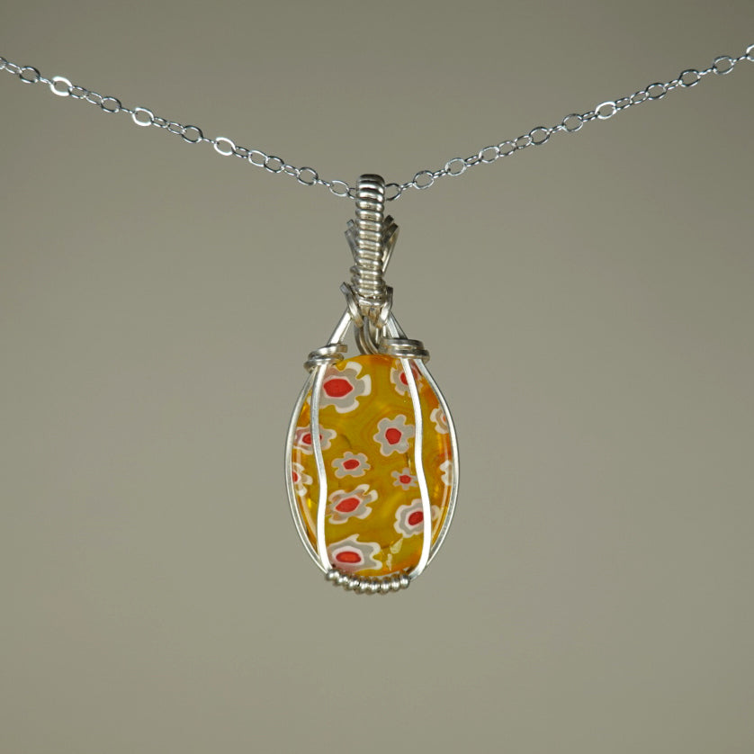 Vintage Yellow Murano Glass ("Millefiori") Pendant Wire-Wrapped in Sterling Silver