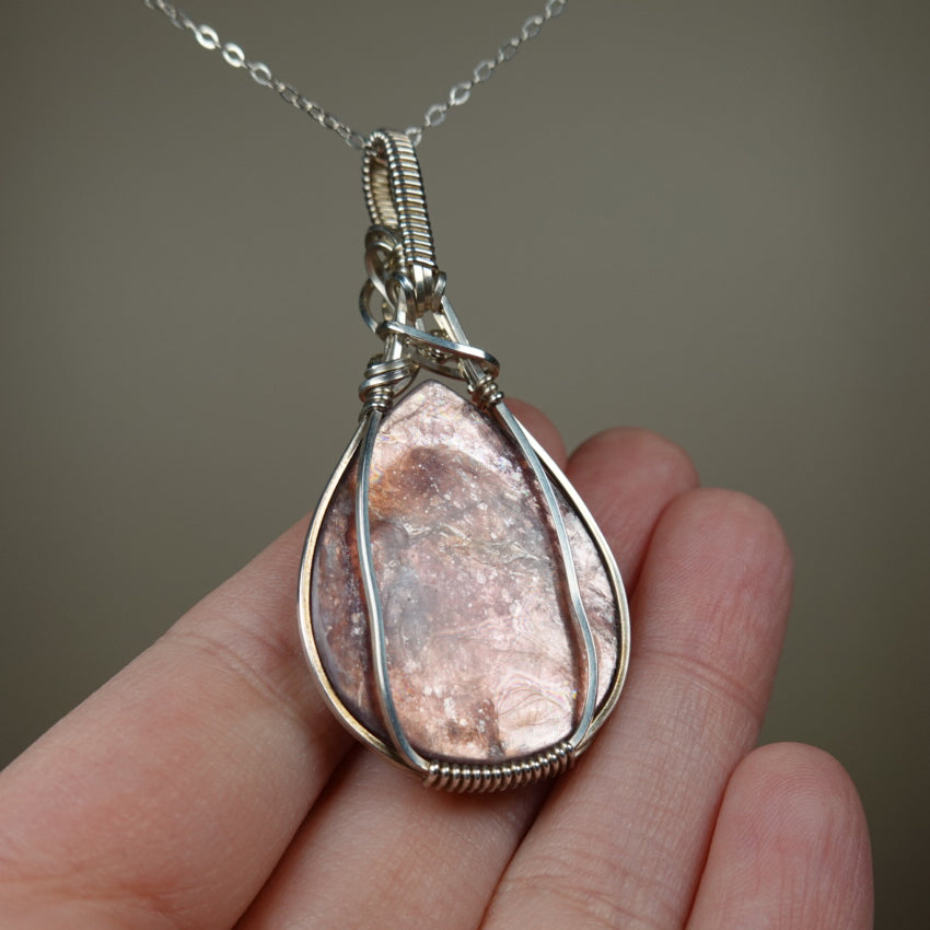 Gem Lepidolite Pendant Wire-Wrapped in Sterling Silver