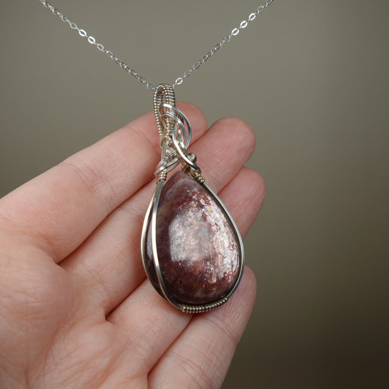 Gem Lepidolite Pendant Wire-Wrapped in Sterling Silver