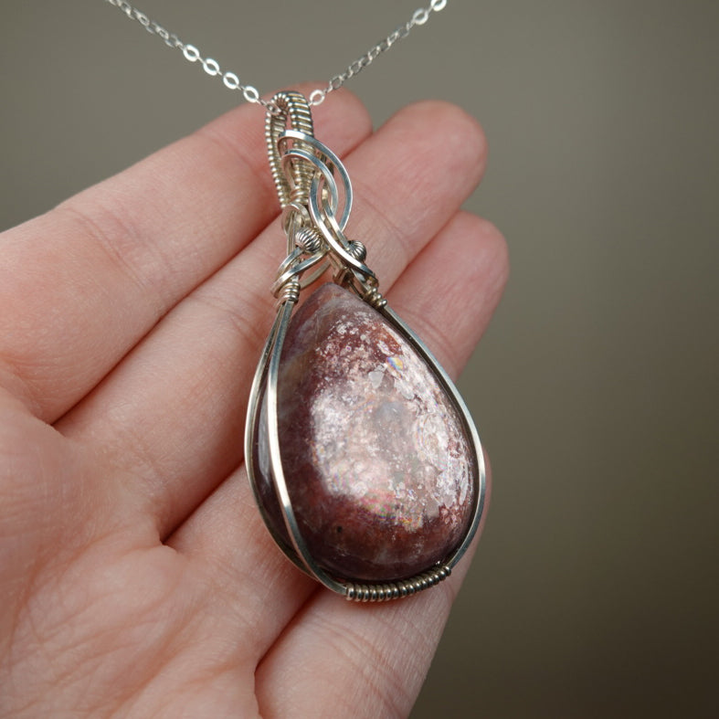 Gem Lepidolite Pendant Wire-Wrapped in Sterling Silver