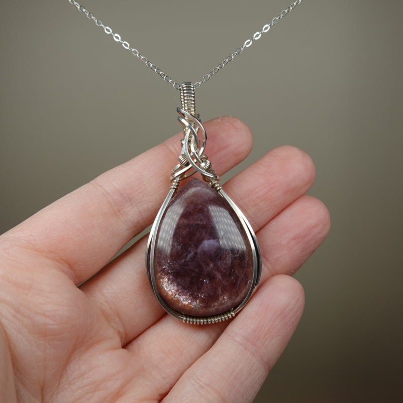 Gem Lepidolite Pendant Wire-Wrapped in Sterling Silver