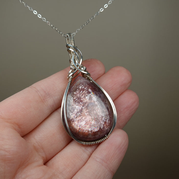 Gem Lepidolite Pendant Wire-Wrapped in Sterling Silver