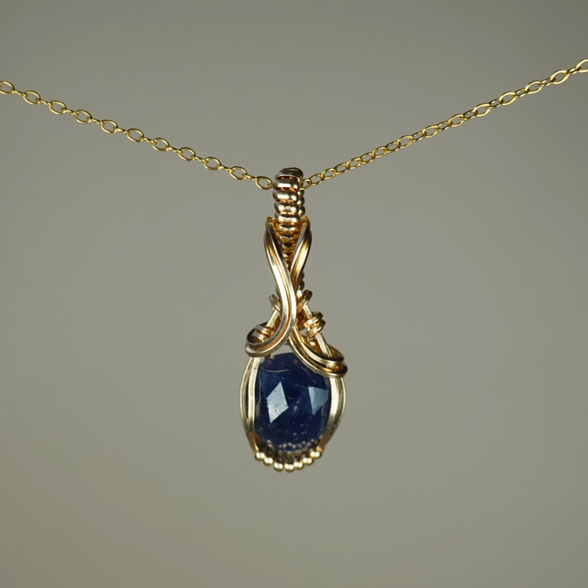 Blue Rosecut Sapphire Pendant Wire-Wrapped in 14k Goldfilled Wire