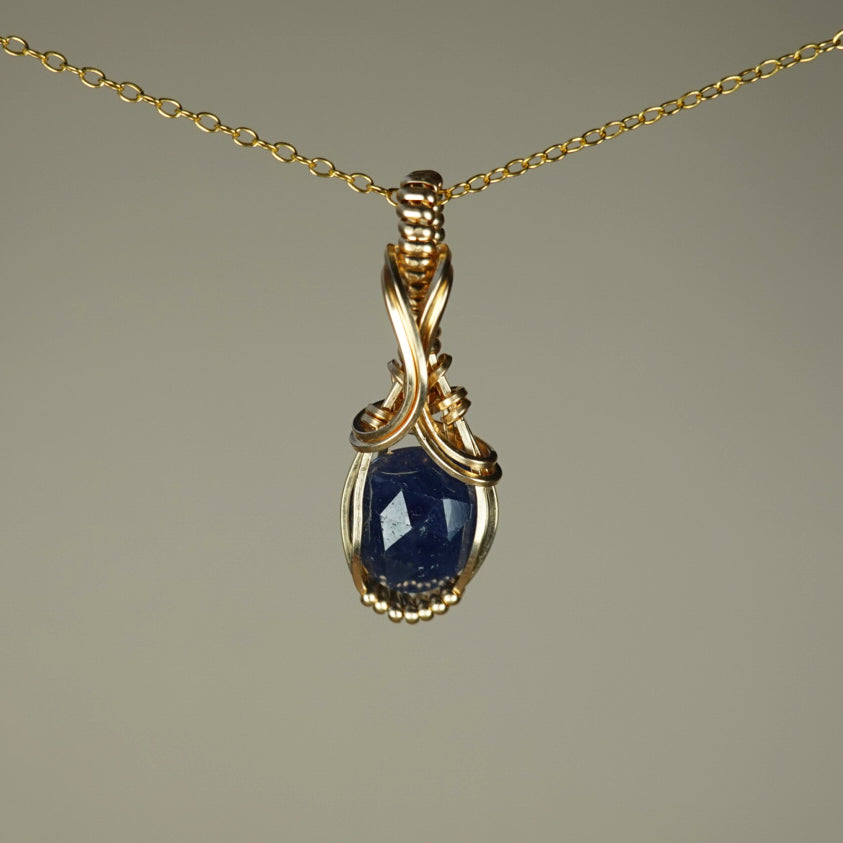 Blue Rosecut Sapphire Pendant Wire-Wrapped in 14k Goldfilled Wire