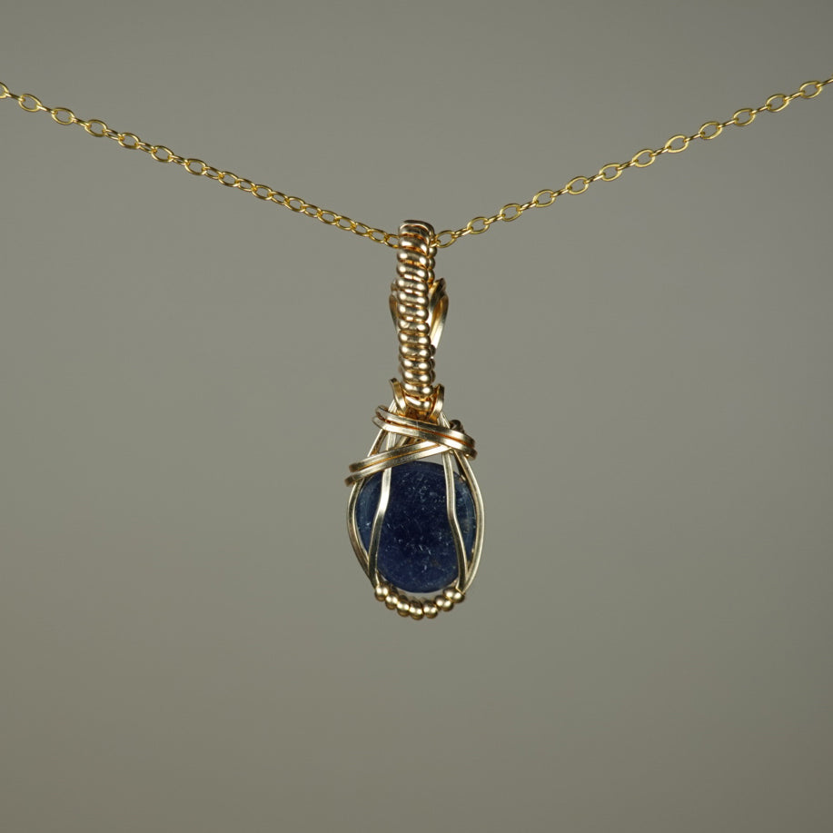 Blue Rosecut Sapphire Pendant Wire-Wrapped in 14k Goldfilled Wire