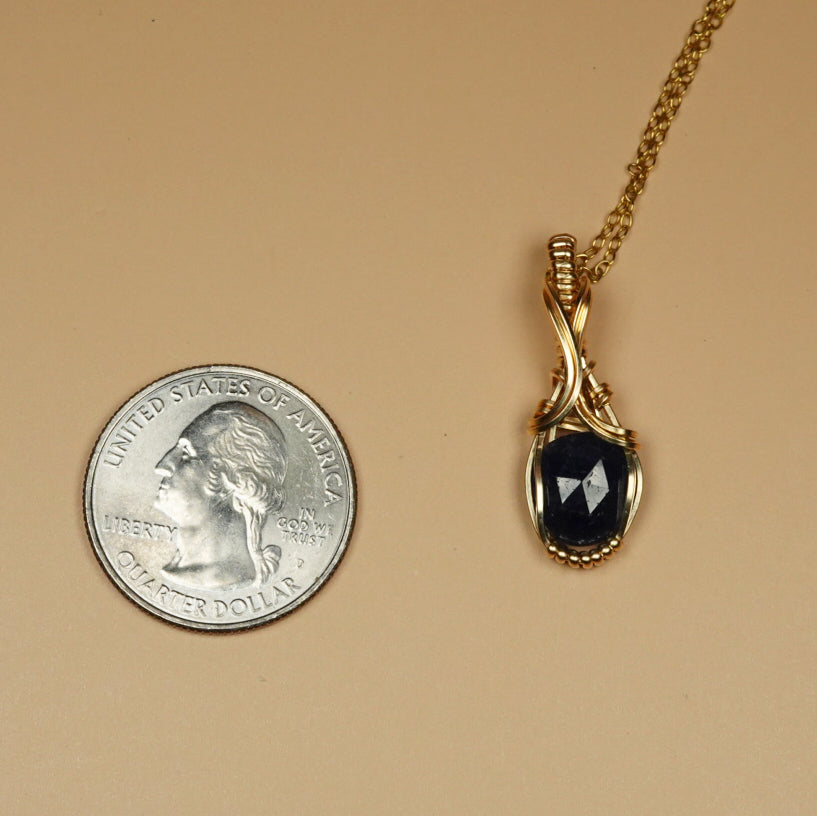 Blue Rosecut Sapphire Pendant Wire-Wrapped in 14k Goldfilled Wire