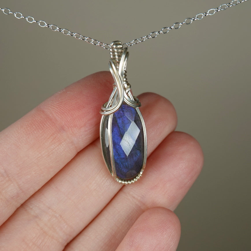 Rosecut Blue Labradorite Pendant Wire-Wrapped in Sterling Silver