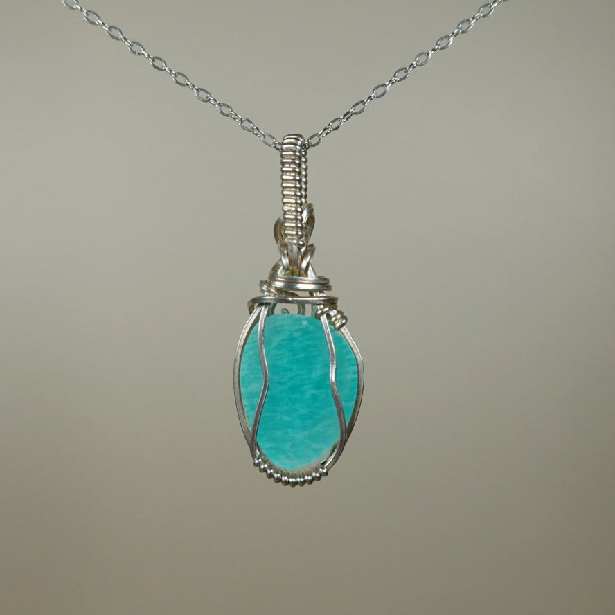 Wire-Wrapped Rosecut Amazonite Pendant in Sterling Silver