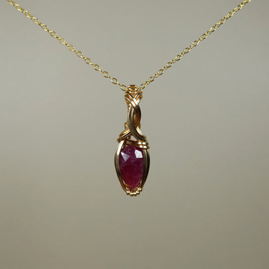 Natural Ruby Gemstone Pendant Wire-Wrapped in 14k Goldfill