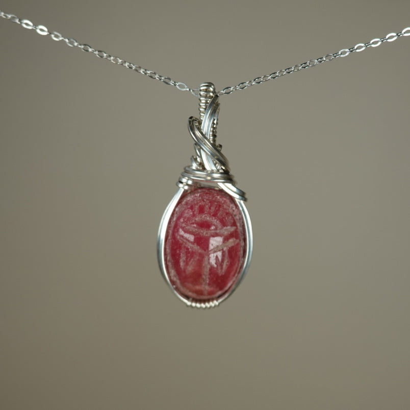 Carved Rhodochrosite Scarab Pendant Wire-Wrapped in Sterling Silver