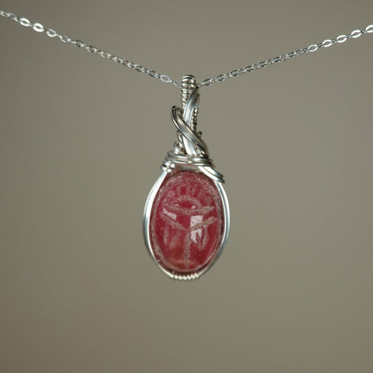 Carved Rhodochrosite Scarab Pendant Wire-Wrapped in Sterling Silver