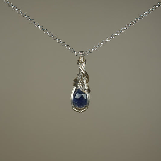 Blue Sapphire Pendant Wire-Wrapped in Sterling Silver