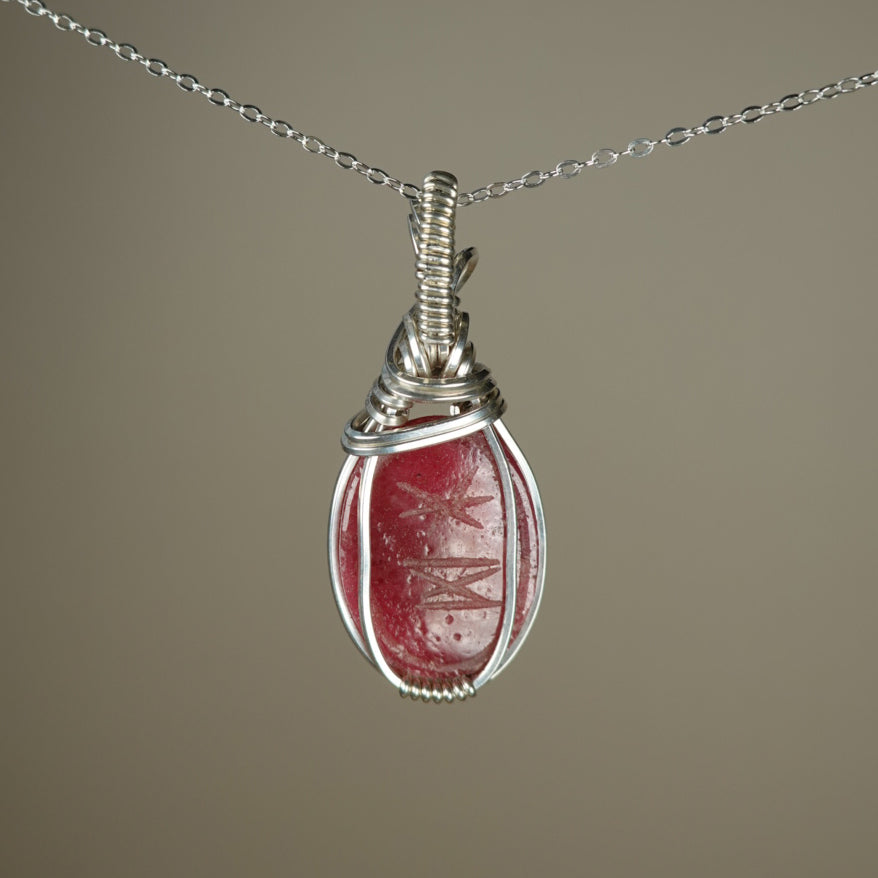 Carved Rhodochrosite Scarab Pendant Wire-Wrapped in Sterling Silver