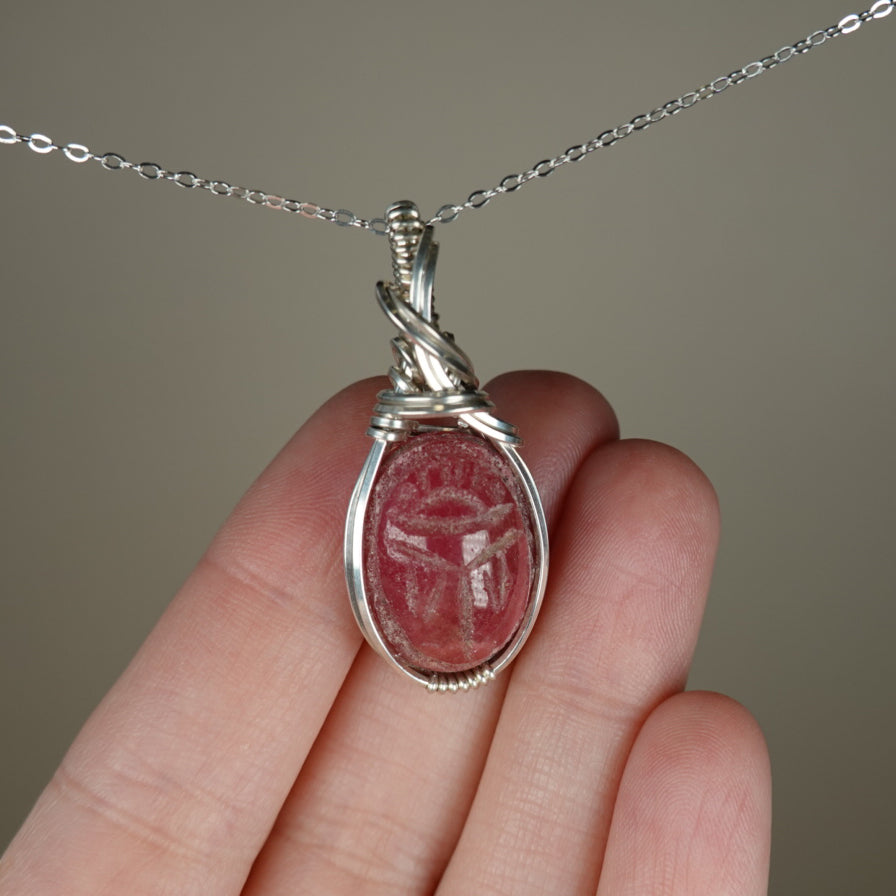 Carved Rhodochrosite Scarab Pendant Wire-Wrapped in Sterling Silver