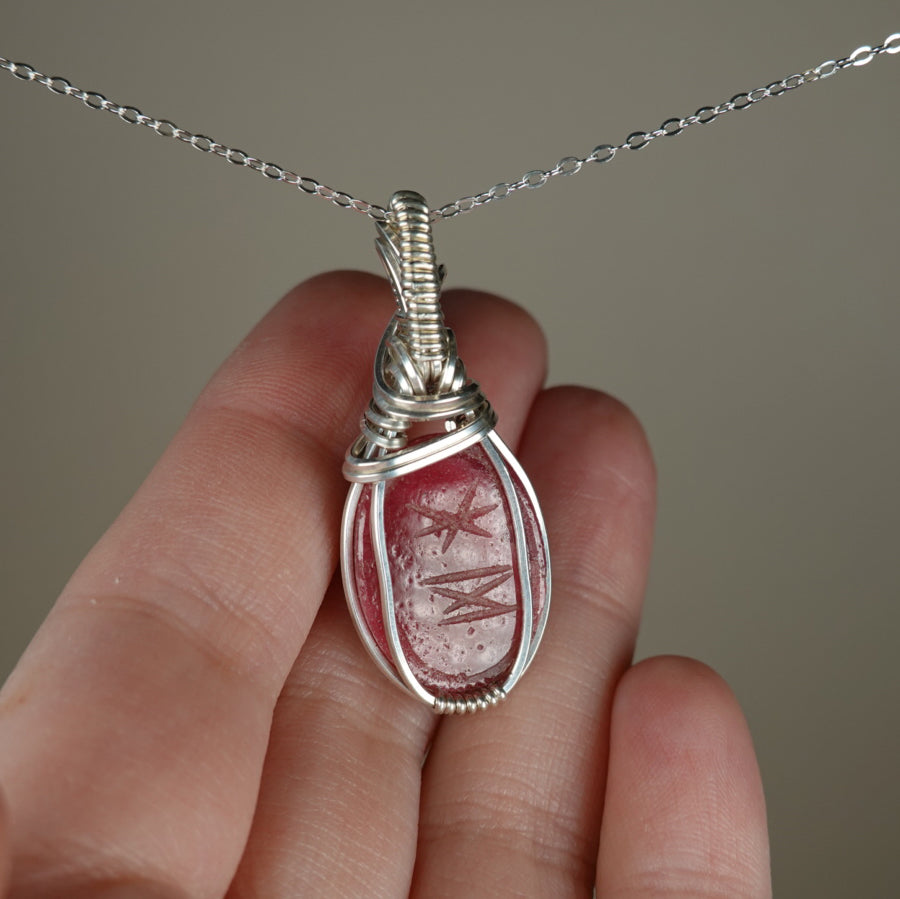 Carved Rhodochrosite Scarab Pendant Wire-Wrapped in Sterling Silver