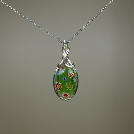 Vintage Murano Glass ("Millefiori") Pendant Wire-Wrapped in Sterling Silver