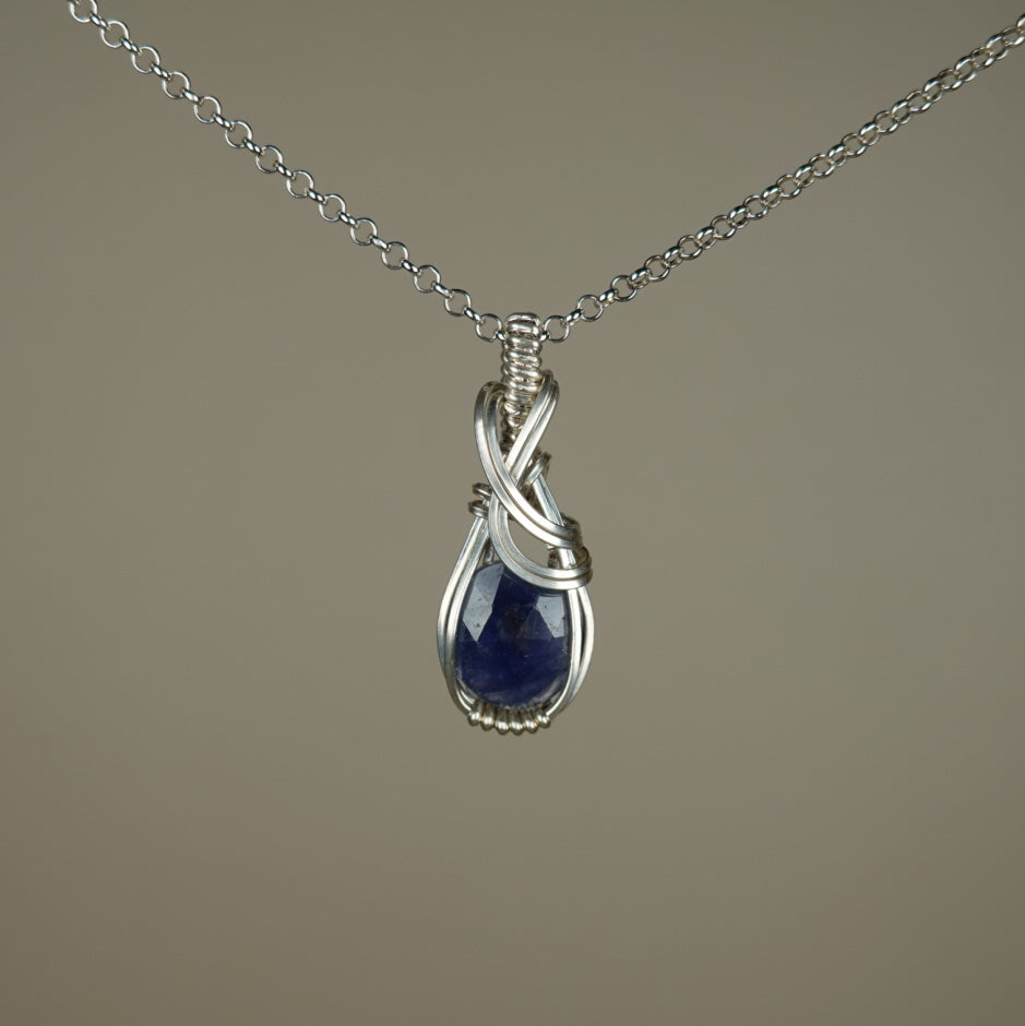 Blue Sapphire Pendant Wire-Wrapped in Sterling Silver