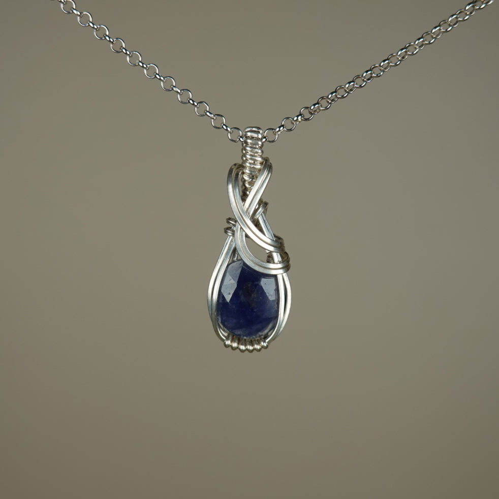 Blue Sapphire Pendant Wire-Wrapped in Sterling Silver