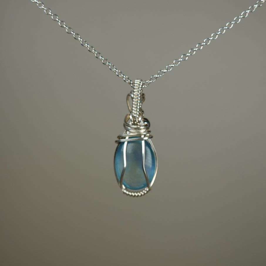 Blue Fluorite Pendant Wire-Wrapped in Sterling Silver