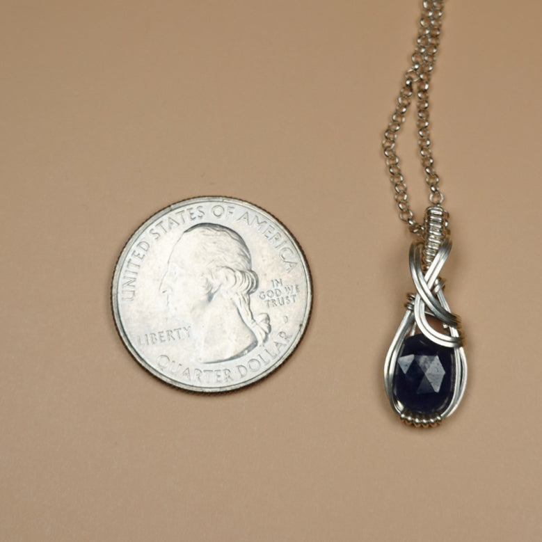 Blue Sapphire Pendant Wire-Wrapped in Sterling Silver