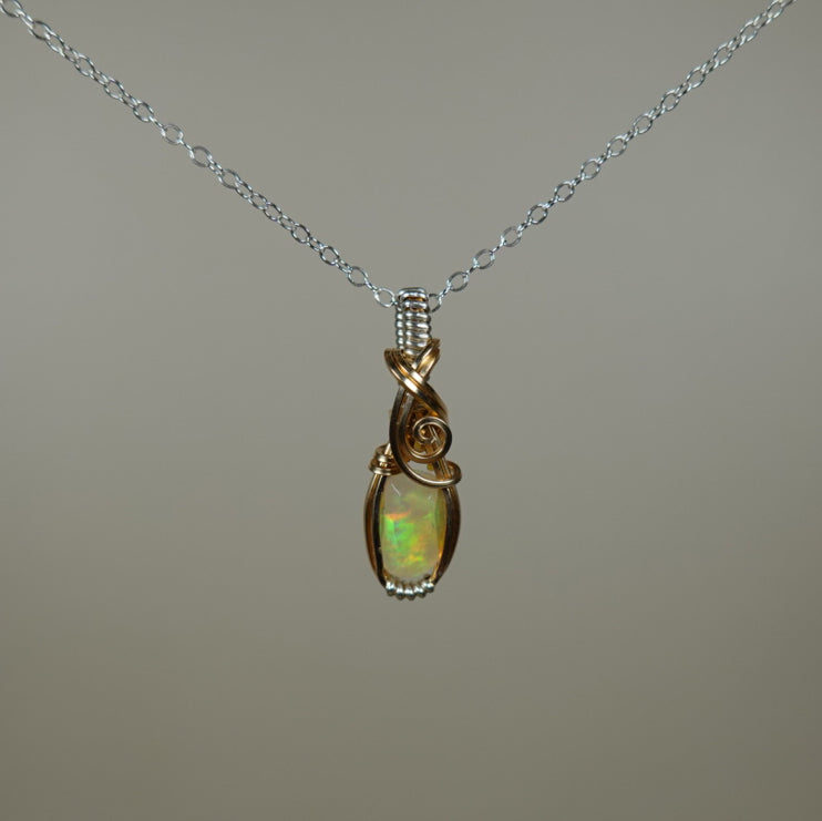 Ethiopian Opal Pendant Wire-Wrapped in Sterling Silver and 14k Goldfill