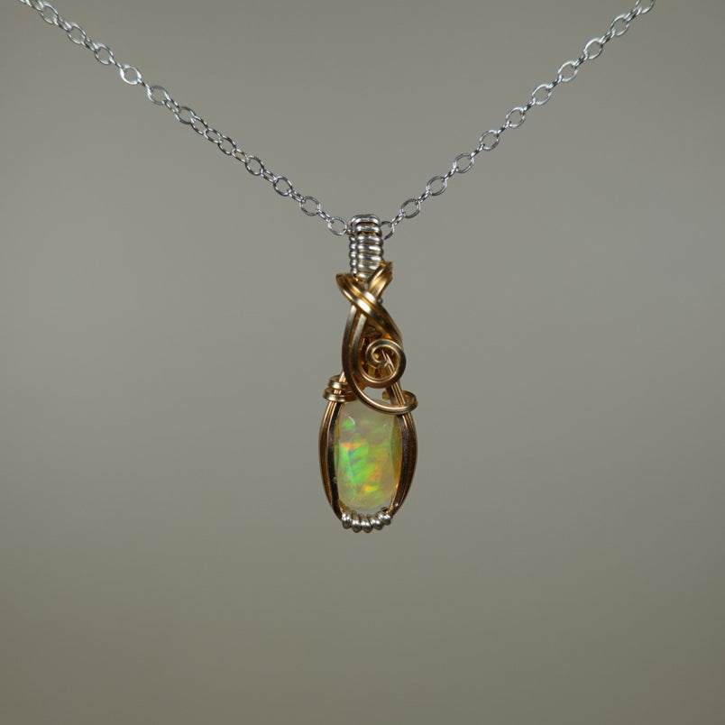 Ethiopian Opal Pendant Wire-Wrapped in Sterling Silver and 14k Goldfill