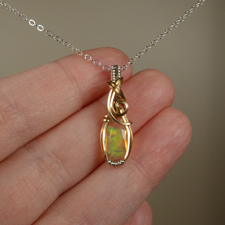 Ethiopian Opal Pendant Wire-Wrapped in Sterling Silver and 14k Goldfill