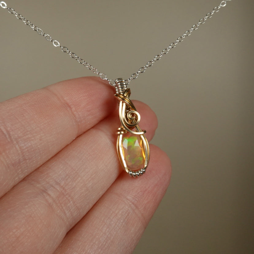 Ethiopian Opal Pendant Wire-Wrapped in Sterling Silver and 14k Goldfill