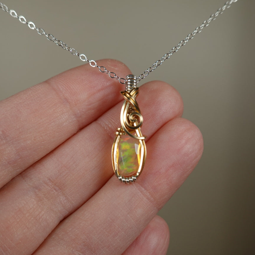 Ethiopian Opal Pendant Wire-Wrapped in Sterling Silver and 14k Goldfill