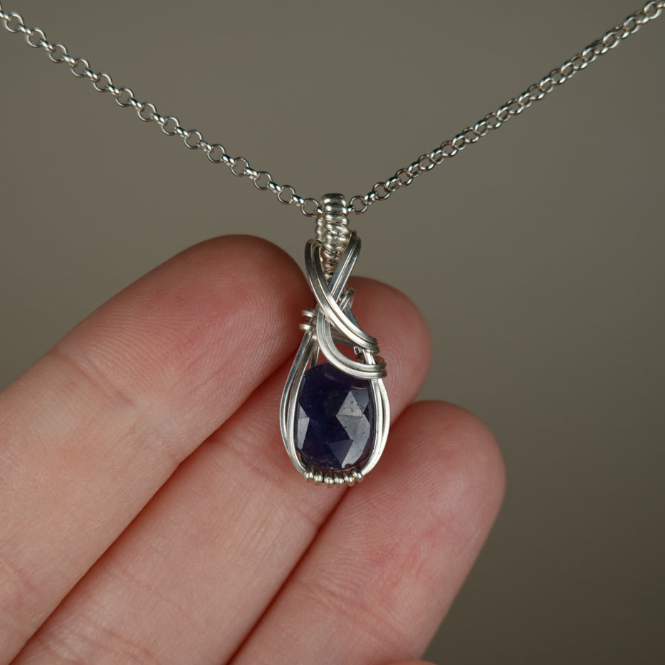 Blue Sapphire Pendant Wire-Wrapped in Sterling Silver